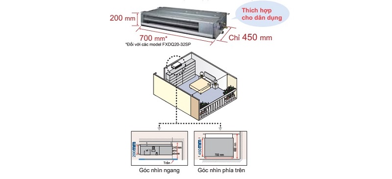  Với chiều cao 200mm. chiều dài 700mm, độ dày chỉ 450 mm, kiểu dàn lạnh này thích hợp để lắp đặt trong các không gian hẹp như trần giật cấp.